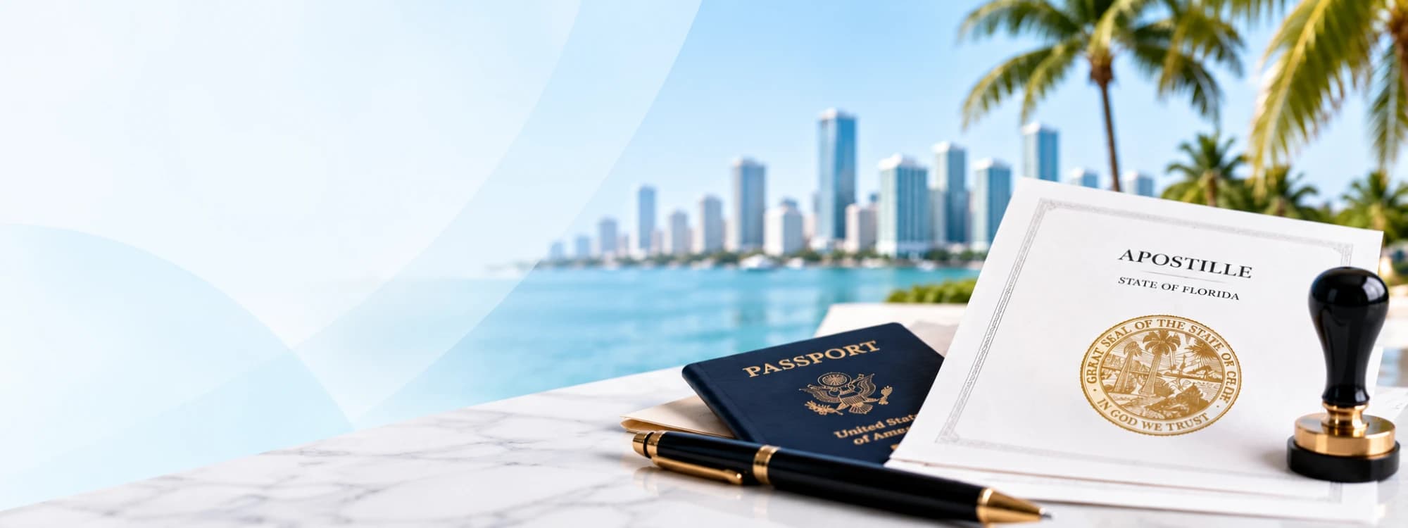 Passport, pen and a Florida apostille certificate on a desk overlooking the Miami skyline